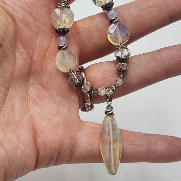 Vintage Desert Heart Glowing Opalite Y Drop Sterling Silver 18" Necklace - Picture 3 of 6